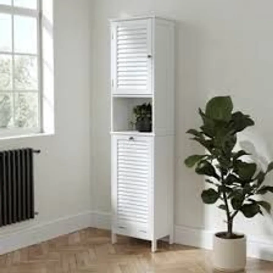 BOXED NAUTICAL TALLBOY WITH BUILT IN LAUNDRY HAMPER (1 BOX)