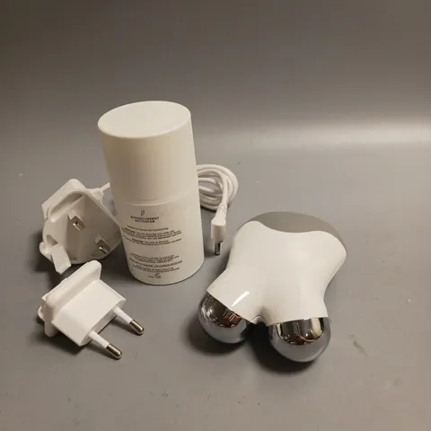 BOXED NUFACE MINI PETITE FACIAL TONING DEVICE WHITE AND GREY INCLUDES HYDRATING AQUA GEL, CHARGING CABLE AND 2 PLUG ADAPTORS