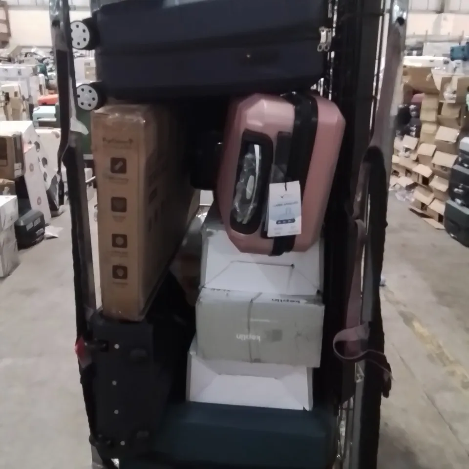 CAGE OF ASSORTED HOUSEHOLD GOODS AND PRODUCTS TO INCLUDE;SUITCASES,DOG CAGE,CORDLESS VACUUM CLEANER,YOGA MAT,JUICER