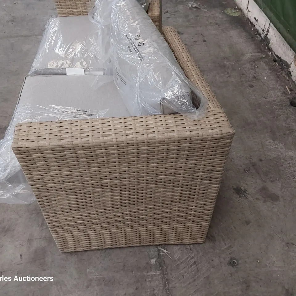 TWO SEATER LIGHT GREY RATTAN SOFA & CUSHIONS