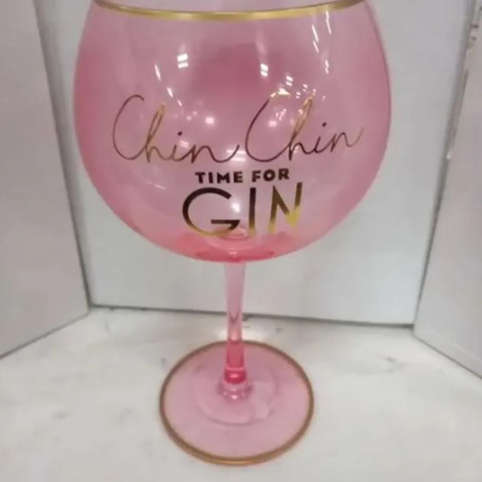 APPROXIMATELY 24 BRAND NEW PINK 'CHIN CHIN TIME FOR GIN' GLASSES