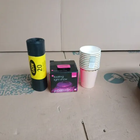 APPROXIMATELY 15 ASSORTED HOUSEHOLD PRODUCTS TO INCLUDE HEAVY DUTY BIN BAGS FLOATING LIGHT SHOW AND PAPER CUPS