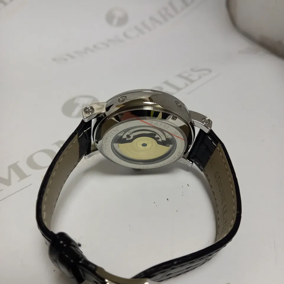 MENS VONLANTHEN AUTOMATIC WATCH – DATE YEAR SUB DIAL – OPEN HEART MOVEMENT – GLASS EXHIBITION BACKCASE – BLACK LEATHER STRAP 