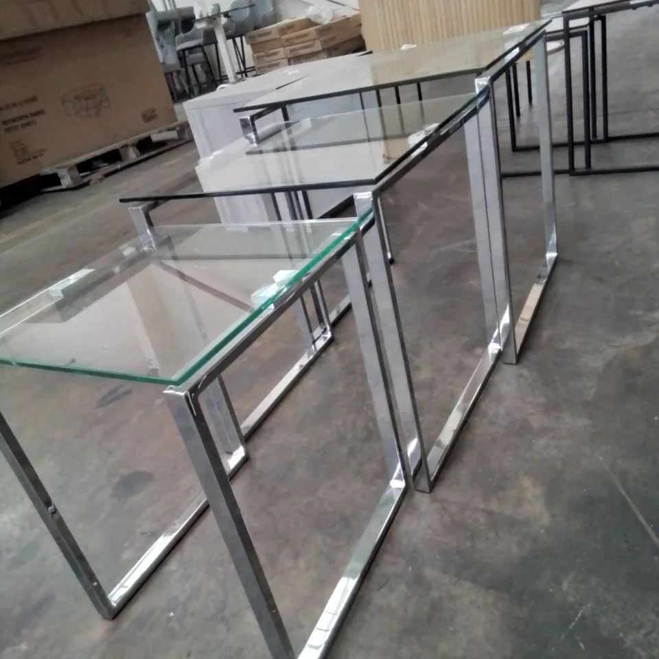 GLASS AND CHROME METAL LEGS NEST OF 3 SQUARE TABLES