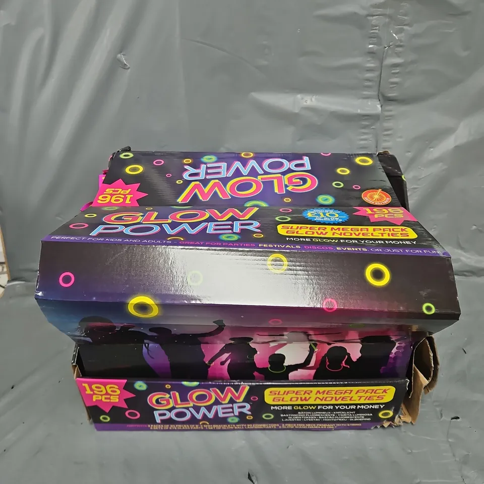 BOXED GLOW POWER SET OF 12 196PC MEGA PACKS OF GLOW NOVELTIES - COLLECTION ONLY