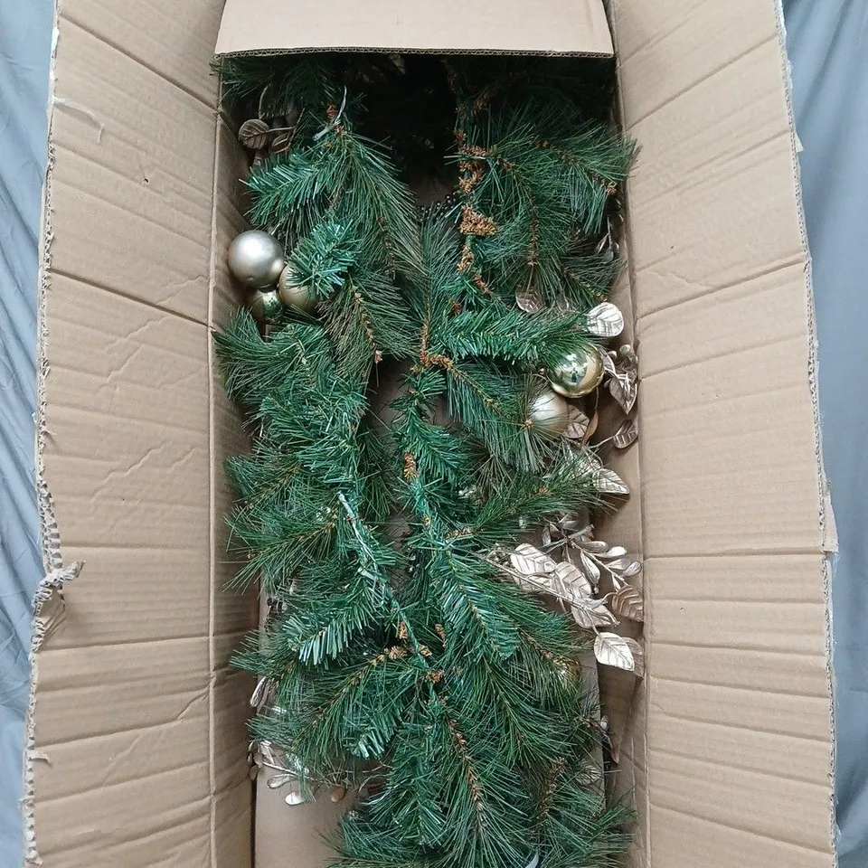 LIT SWAG WITH GOLD BAUBLES AND FOLLIAGE