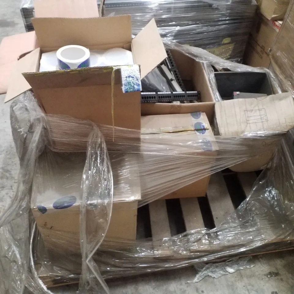 PALLET CONTAINING ASSORTED PRODUCTS INCLUDING 24 PORT PATCH PANELS, NETBIT TAPE ROLLS, USB 2.0 4 PORT HUB & WIRELESS USB ADAPTER