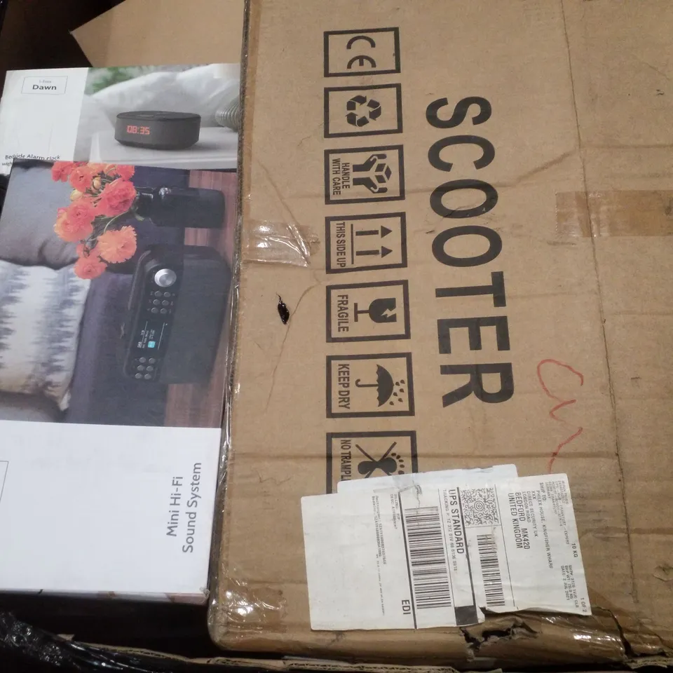 PALLET CONTAINING ASSORTED ELECTRICAL PRODUCTS INCLUDING MINI HI-FI SOUND SYSTEM, MOTOR STARTER, RECHARGEABLE SUPER BRIGHT LED SPOTLIGHT CAMPING LANTERN & PORTABLE DAB/FM RADIO WITH WIRELESS CONNECTIV