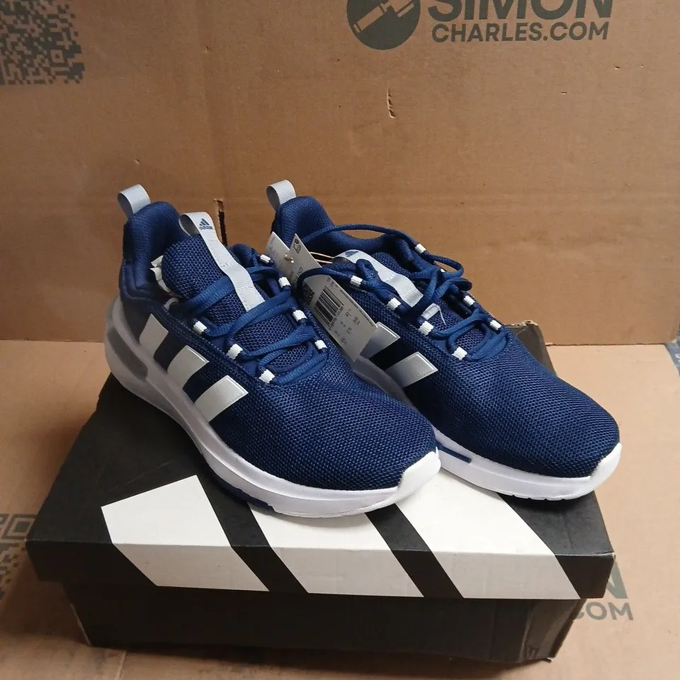 ADIDAS NAVY BLUE MESH TRAINERS WITH WHITE STRIPES BOXED SIZE 6