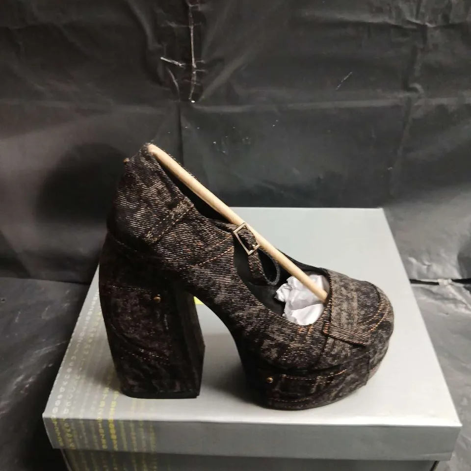 BOXED PAIR OF KOI WOMEN'S DENIM FABRIC PLATFORM HEELS WITH BUCKLE STRAP - UK SIZE 3