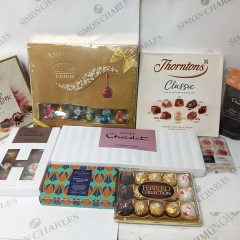 APPROXIMATELY NINE ASSORTED CHOCOLATE PRODUCTS TO INCLUDE; THORNTON'S, LINDT, NESTLE, HOTEL CHOCOLAT AND FERRERO