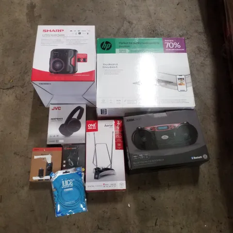 PALLET CONTAINING ASSORTED ELECTRICAL PRODUCTS INCLUDING HP ENVY6120E PRINTER, BLUETOOTH CD BOOMBOX, AERIAL, 2.1 PARTY SPEAKER SYSTEM, LIGHTING CABLE, WIRELESS MOUSE & WIRELESS HEADPHONES 