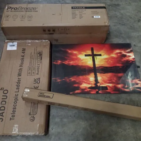 PALLET CONTAINING ASSORTED PRODUCTS INCLUDING 40" BLADELESS TOWER FAN, CROSS WRAPPED CANVAS PRINT, FOLD FOOTBALL GOAL & TELESCOPIC LADDER WITH HOOK 4.4M