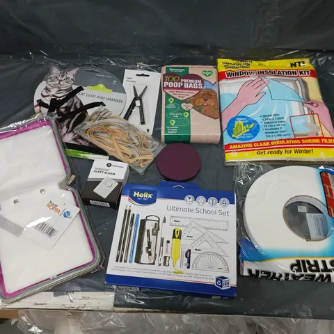 BOX OF APPROXIMATELY 8 ASSORTED ITEMS TO INCLUDE - WINDOW INSULATION KIT, CAT HARNESS, AND DOG POOP BAGS ETC. 