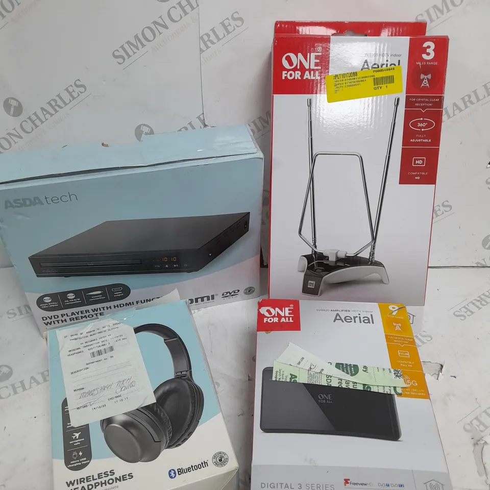  APPROXIMATELY 5 ASSORTED ASDA TECH ITEMS INCLUDING ONE FOR ALL AERIAL, WIRELES HEADPHONES