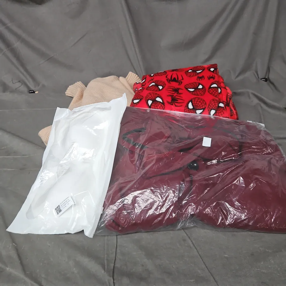 BOX OF APPROXIMATELY 25 ASSORTED CLOTHING ITEMS TO INCLUDE KIDS SPIDERMAN PYJAMA TROUSERS, BRA, KNITTED JUMPER, BUTTONED COAT ETC