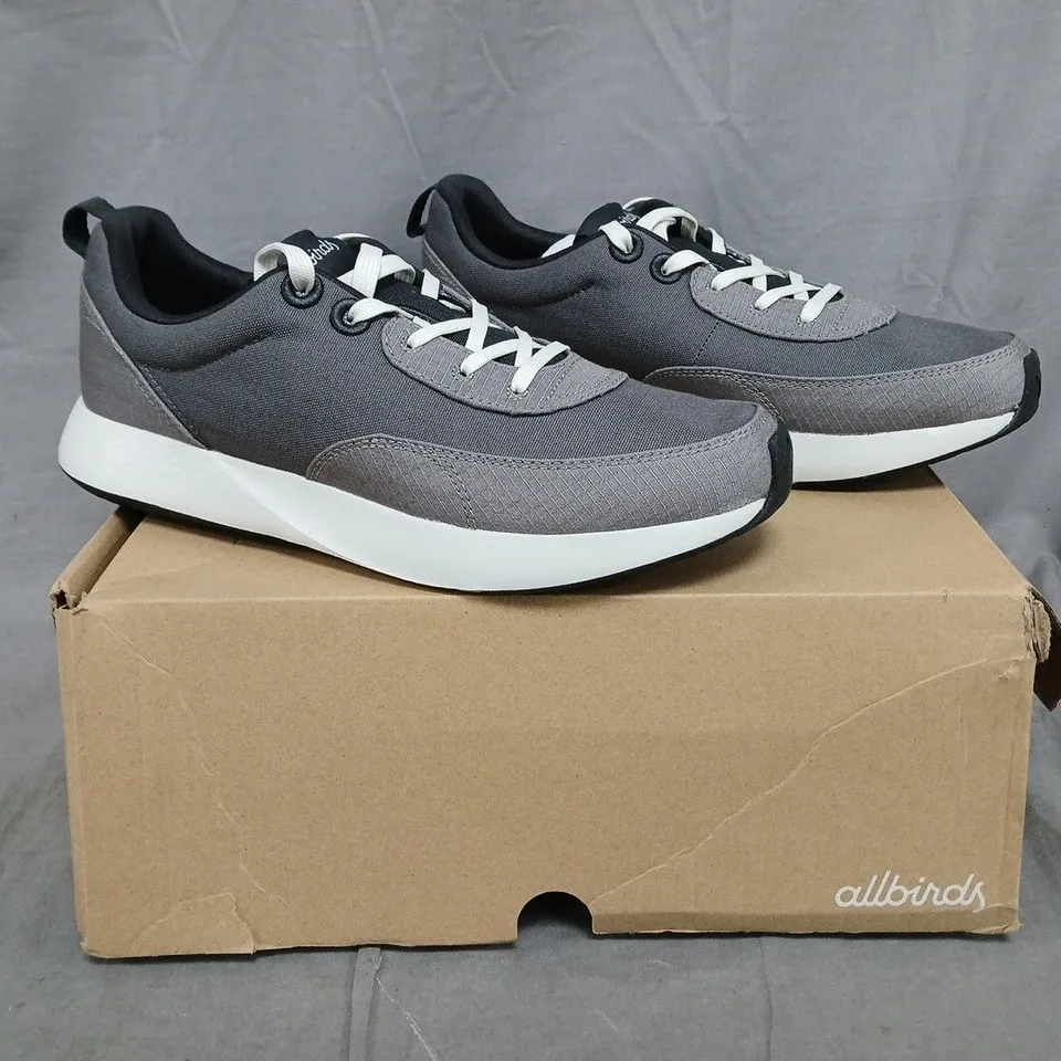 BOXED PAIR OF ALLBIRDS SHOES IN STORM GREY SIZE UK 10