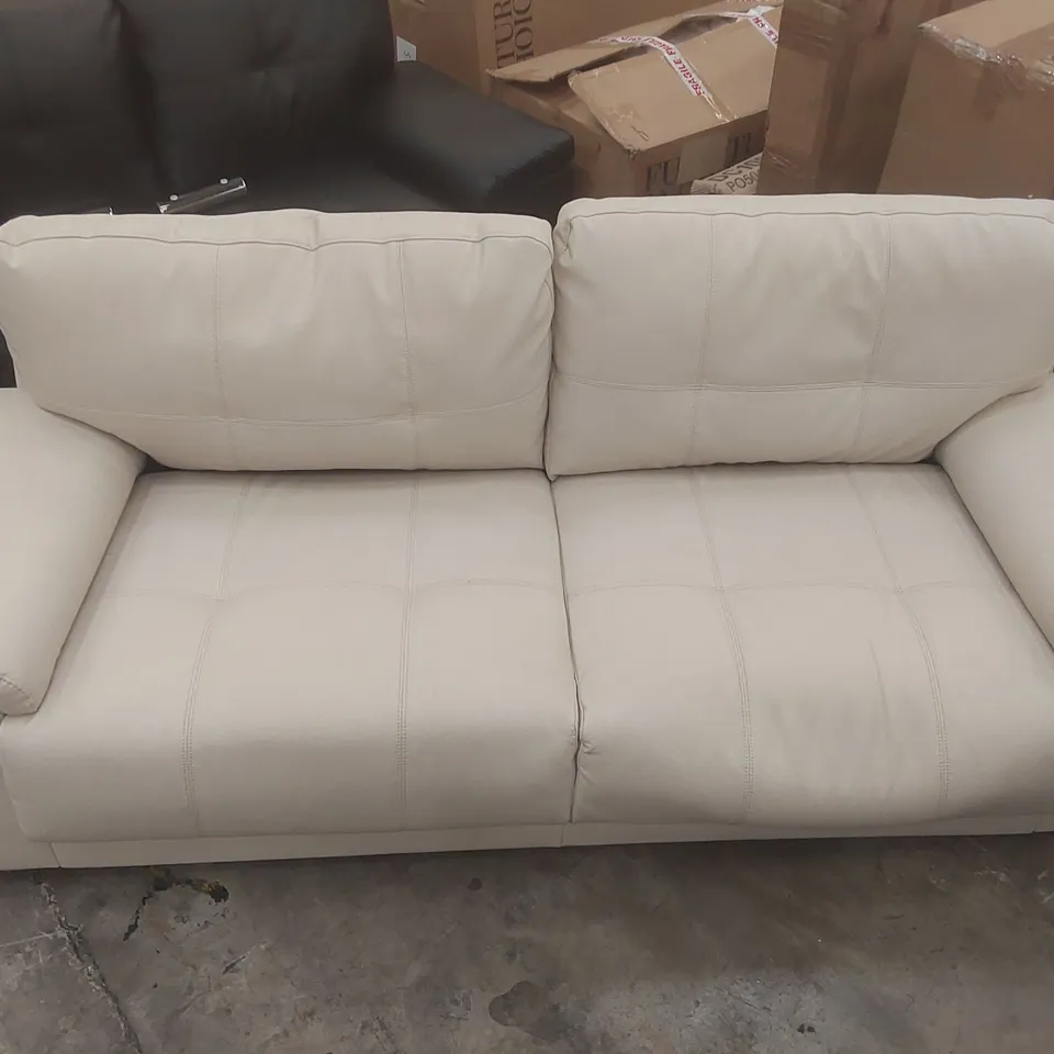 QUALITY DESIGNER 3-SEATER CREAM FAUX LEATHER UPHOLSTERED SOFA