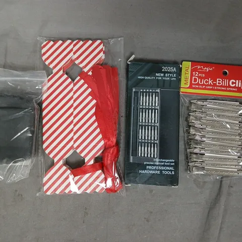 APPROXIMATELY 10 ASSORTED HOUSEHOLD ITEMS TO INCLUDE DUCK-BILL CLIPS, PROFESSIONAL HARDWARE TOOLS, ETC