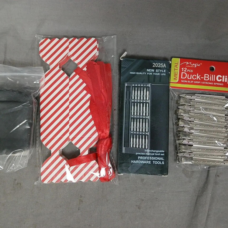 APPROXIMATELY 10 ASSORTED HOUSEHOLD ITEMS TO INCLUDE DUCK-BILL CLIPS, PROFESSIONAL HARDWARE TOOLS, ETC