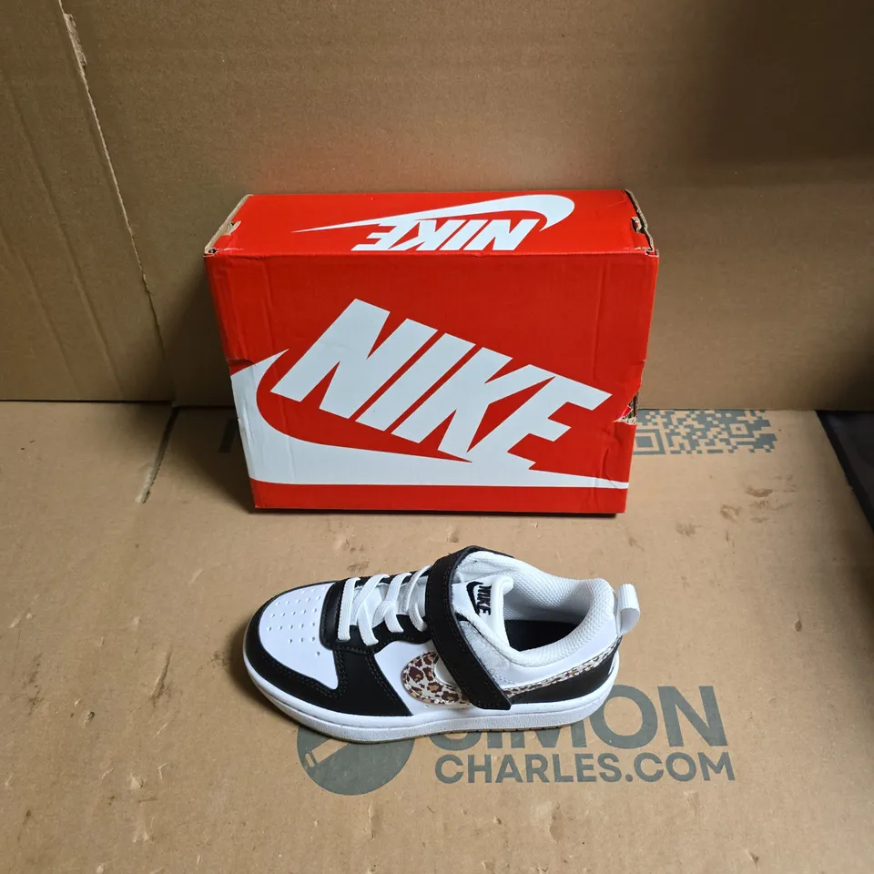 NIKE TODDLER SNEAKERS – WHITE/BLACK WITH LEOPARD PRINT SWOOSH - BOXED - UK SIZE CHILDRENS 10 
