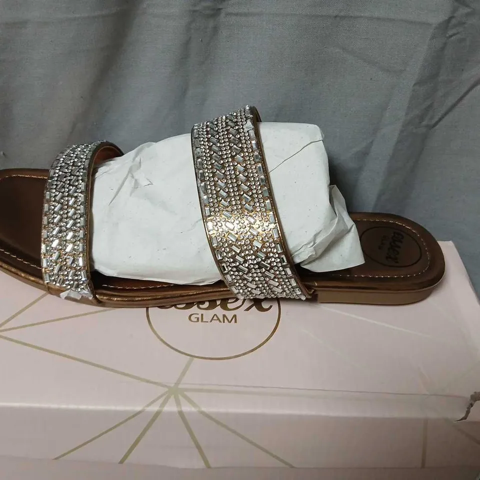ESSEX GLAM LIQUID GOLD METALLIC SANDALS – CRYSTAL-EMBELLISHED STRAPS, WOMEN’S UK 7 (EU 40)