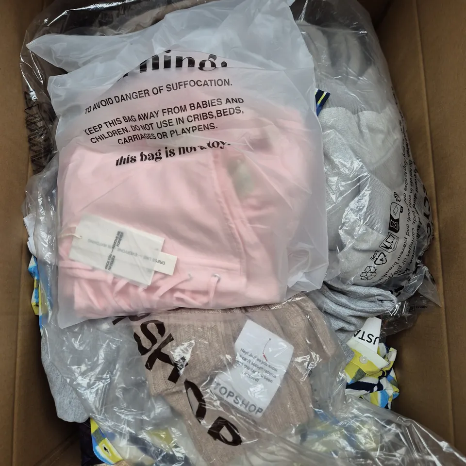 LARGE BOX OF APPROXIMATELY 25 ASSORTED CLOTHING ITEMS IN VARIOUS COLOURS, STYLES AND SIZES - COLLECTION ONLY