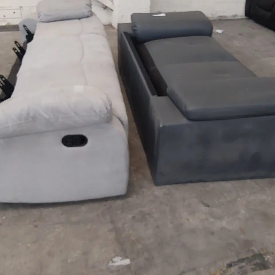 TWO THREE SEATER SOFA BASES MANUAL RECLINING LIGHT GREY FABRIC & FIXED GREY LEATHER 