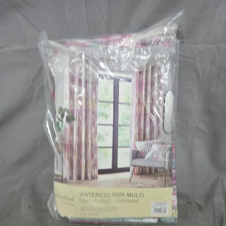 WATERCOLOUR MULTI EYELET CURTAINS – ONE PAIR, FULLY LINED (SEALED IN ORIGINAL PACKAGING)