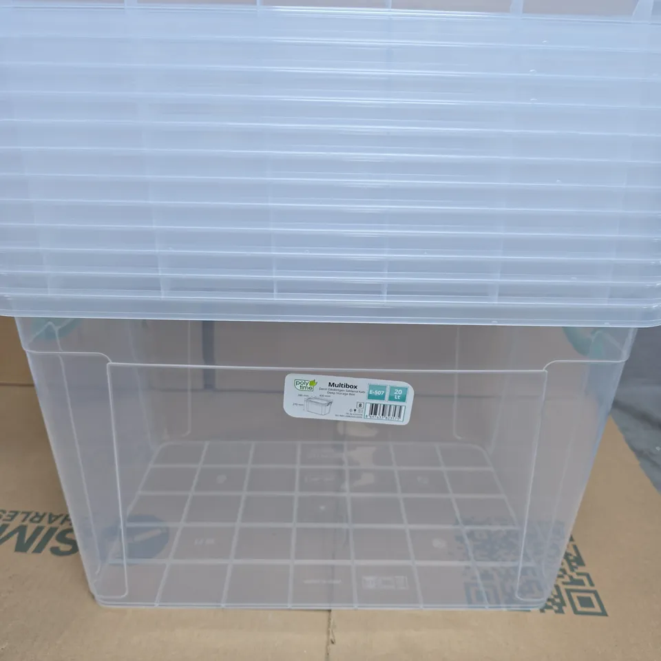APPROXIMATELY 10 MULTIBOX 20 LITRE CLEAR PLASTIC STORAGE BOXES WITH LIDS