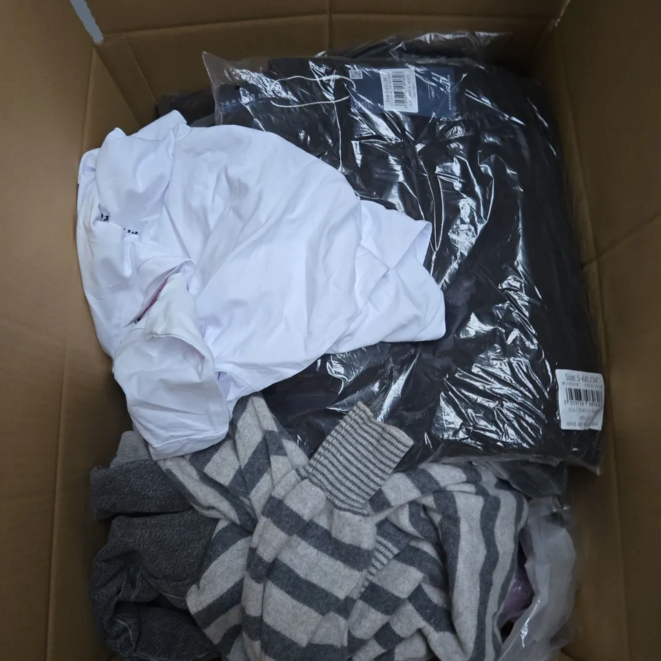 LARGE BOX OF ASSORTED CLOTHING ITEMS IN VARIOUS SIZES, STYLES AND COLOUR 