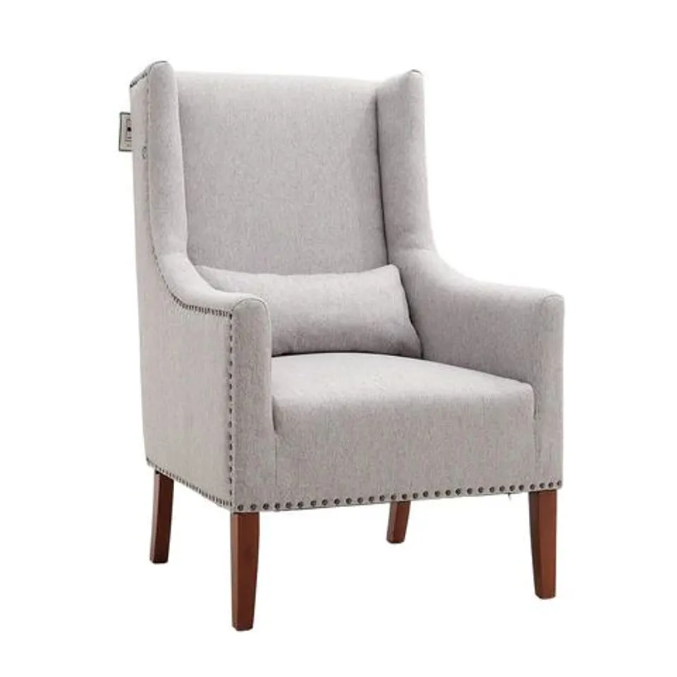 BOXED LIVING AND HOME GREY BEIGE BURLAP HIGH BACK STUDDED ARMCHAIR WITH CUSHION