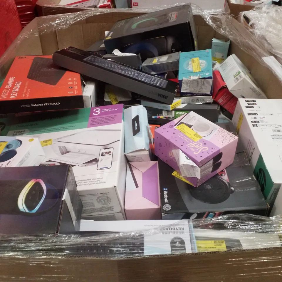 PALLET CONTAINING ASSORTED ELECTRICAL RETURNS INCLUDING HP PRINTER, BLUETOOTH CD BOOMBOX, FUNKY FABRIC SPEAKER, AERIAL ANTENNA & COMPACT SOUNDBAR