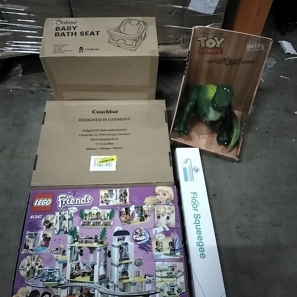 PALLET OF HOUSEHOLD ITEMS TO INCLUDE LEGO FRIENDS, COUCHBAR, BABY BATH SEAT, TOY STORY TALKING REX AND OTHER ASSORTED ITEMS....