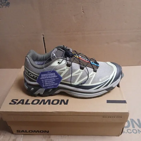 SALOMON GORE-TEX TRAIL SHOES – GREY/GREEN, BOXED UK 6