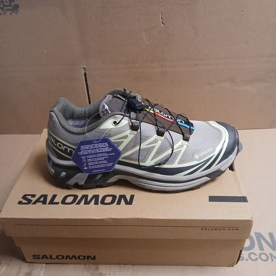 SALOMON GORE-TEX TRAIL SHOES – GREY/GREEN, BOXED UK 6