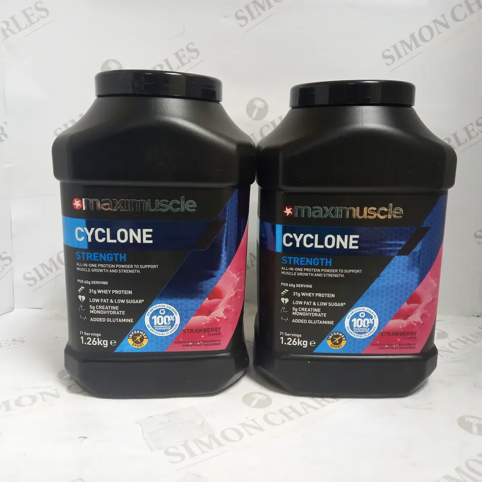 LOT OF 2 MAXIMUSCLE CYCLONE STRENGTH STRAWBERRY FLAVOUR PROTEIN POWDER (2 X 1.26KG, 41 SERVINGS)
