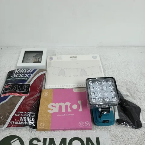APPROXIMATELY 20 ASSORTED ITEMS INCLUDING SMOL DISHWASHER TABLETS, HOOTY BALOO BLUER BABYGROW CARD GARDLAND AND SENSAS 3000 FEED