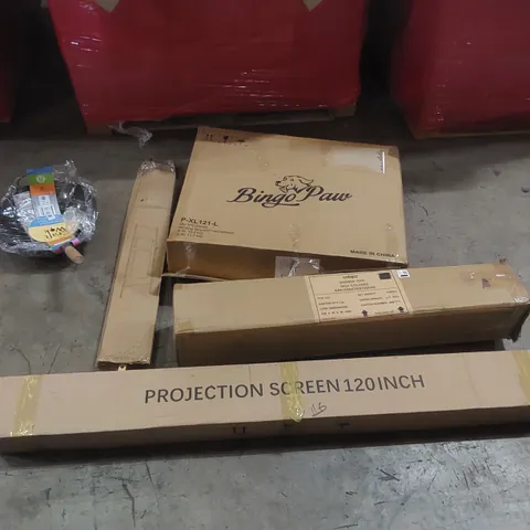 PALLET OF ASSORTED ITEMS INCLUDING: PROJECTION SCREEN, PET STROLLER, SHOWER TENT, BAMBOO TOWEL LADDER, WOK PAN ECT