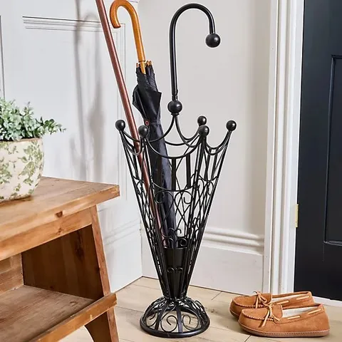 BOXED VINTAGE STYLE MATTE BLACK METAL LARGE ORNATE SCROLLED FREESTANDING UMBRELLA STAND H91 X W34CM