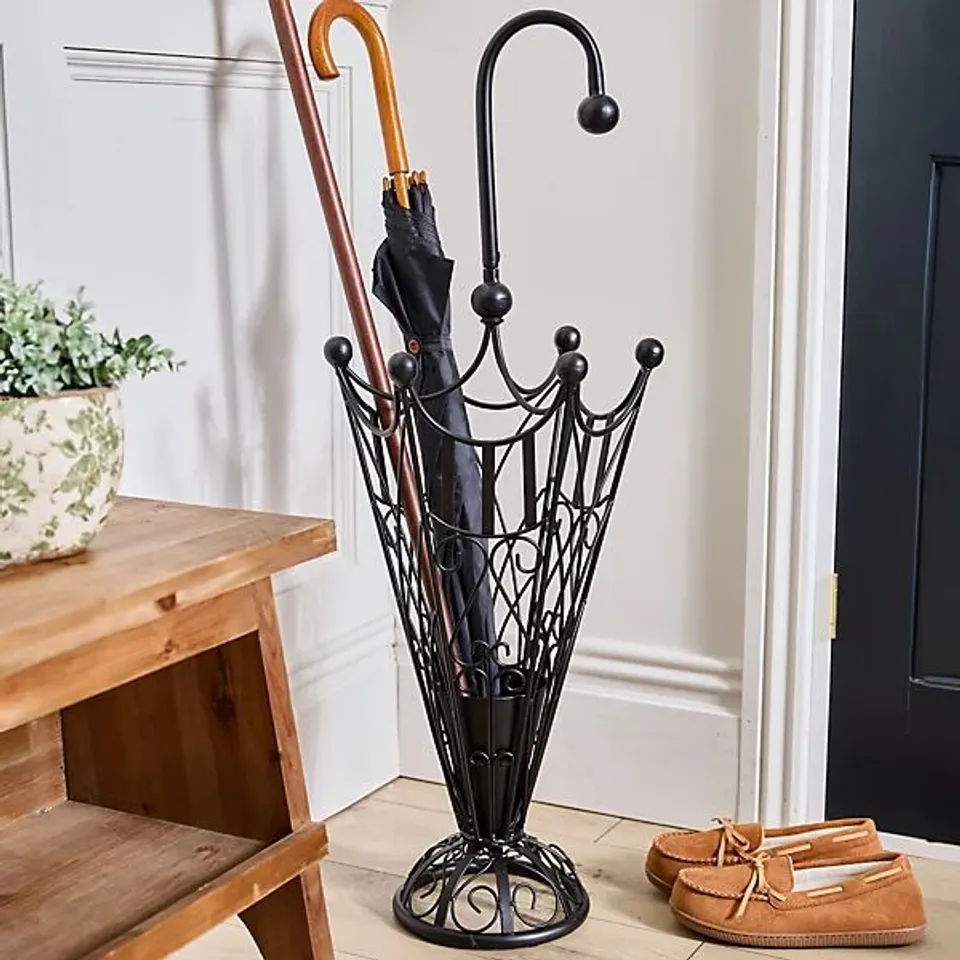 BOXED VINTAGE STYLE MATTE BLACK METAL LARGE ORNATE SCROLLED FREESTANDING UMBRELLA STAND H91 X W34CM