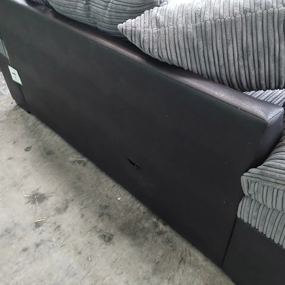 DESIGNER TWO SEATER SOFA WITH SCATTER CUSHIONS BLACK FAUX LEATHER & GREY JUMBO CHORD