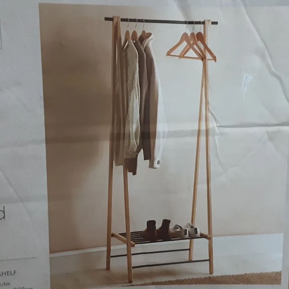 BOXED EDITED LIFE CLOTHES RAIL WITH STORAGE SHELF IN ASTWOOD AND METAL TUBE - H160 X W69 X D50CM