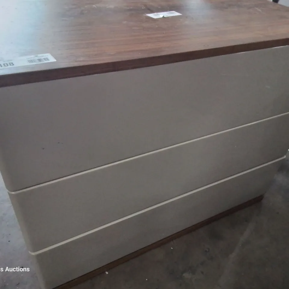 DESIGNER PERUGIA 3 DRAWER CHEST WOOD EFFECT TOP & HIGH GLOSS GREY FINISH