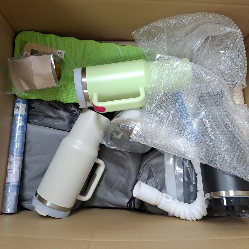 LARGE BOX OF APPROXIMATELY 15 ASSORTED HOUSEHOLD  ITEMS TOO INCLUDE BIN BAGS , MOPS , CUPS , ETC 
