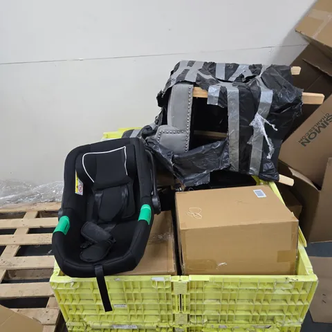 PALLET CONTAINING LARGE AMOUNT OF ASSORTED ITEMS TO INCLUDE: BABY CARSEAT 
