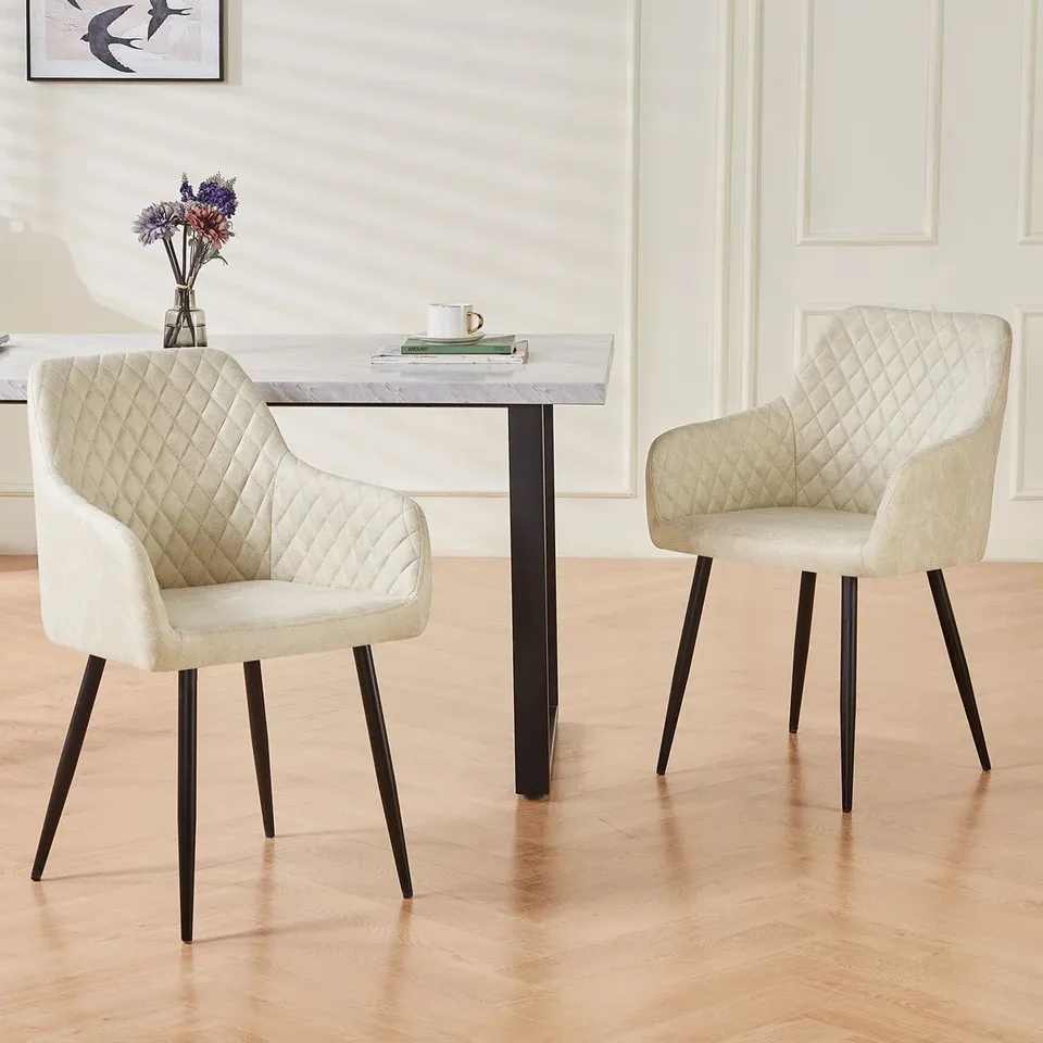 BOXED SUEDE UPHOLSTERED VINTAGE ARM DINING CHAIR (SET OF 2) - LIGHT BEIGE (1 BOX)