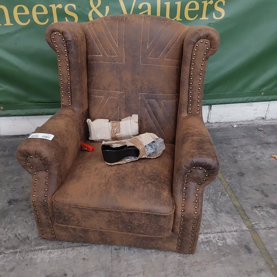 DESIGNER BRITTANIA WINGBACK CHAIR WITH UNION FLAG STITCHED BACK BROWN SUEDE