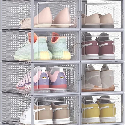 BOXED SONGMICS PACK OF 12 STACKABLE SHOE STORAGE ORGANISERS, FOLDABLE AND VERSATILE FOR SNEAKERS, FIT UP TO UK SIZE 9.5, TRANSPARENT AND DOVE GREY