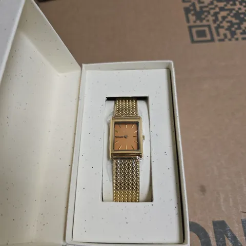 BREDA LADIES WATCH - GOLD TONE MESH BRACELET, SQUARE ORANGE DIAL, BOXED